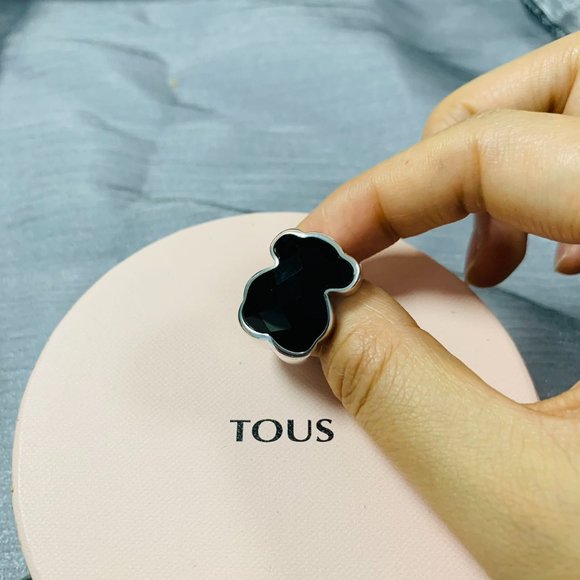 TOUS Ring Big Silver TOUS Color Ring with faceted onyx Women Jewelry 56# - Picture 12 of 13